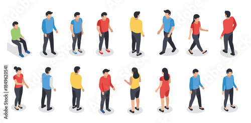 diverse group of people walking in isometric style on white