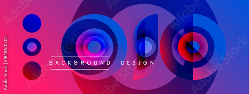 Abstract vibrant design features overlapping circles, gradients. Pink, blue hues create dynamic visual impact. Text reads background design.