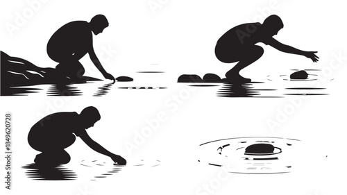 Silhouette of person touching water in serene minimalist style with soft black and white lighting for meditation and mindfulness