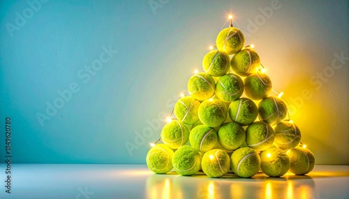 Creative arrangement of padel and tennis balls forms minimalist Christmas tree shape with fairy lights and copy space event