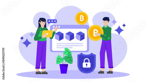 Cryptocurrency Team Developing a New Blockchain. Flat Vector Illustration