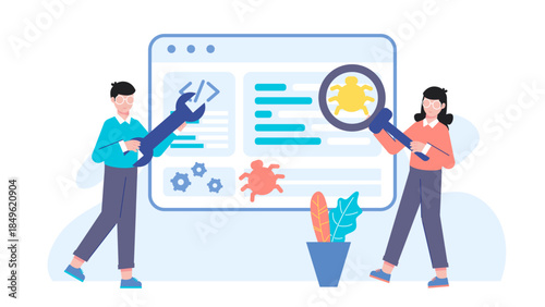 QA Tester Identifying Bugs in s Software Application. Flat Vector Illustration