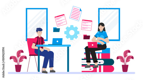 Company Transistioning to a Paperless Office System. Flat Vector Illustration