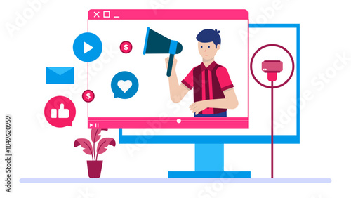 Marketing Team Creating an Viral Video Campaign. Flat Vector Illustration