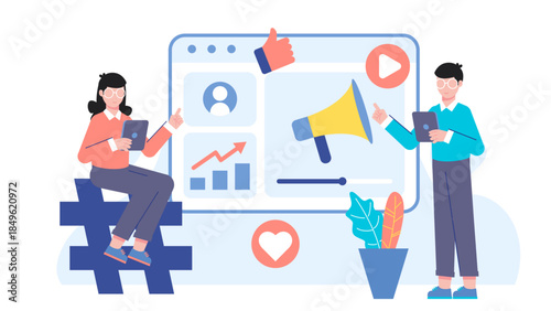 Marketing Team Creating an Viral Video Campaign. Flat Vector Illustration