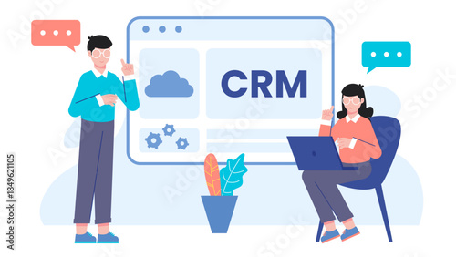 Implementing a New Customer Relationship Management (CRM) System. Flat Vector Illustration