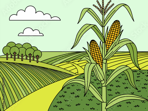 Vector illustration of a lush cornfield with tall maize plants, green rolling hills, and trees, portraying an idyllic agricultural landscape