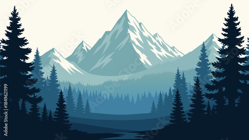 Expansive vector landscape illustration of majestic snow-capped mountains and a dense evergreen forest, portraying the tranquil beauty of wilderness nature