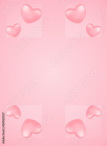 Pink Heart Frame Background with Soft 3D Love Shapes. Soft pink background with floating 3D heart shapes forming a decorative frame. Romantic, cute, and minimal design with empty copy space in the cen
