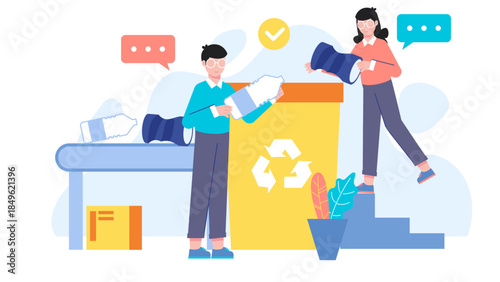 Waste Management Company Sorting Recyclables. Flat Vector Illustration