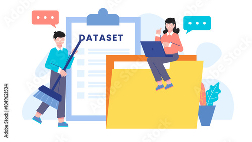 Data Science Team Cleaning A large Dataset. Flat Vector Illustration