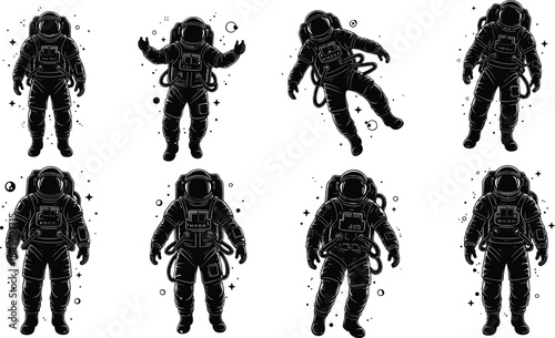 Astronaut silhouettes set depicting floating and standing poses in outer space with stars black vector illustration isolated background