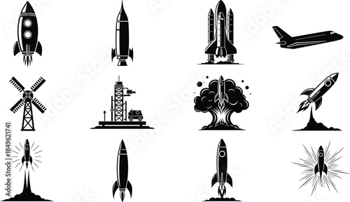 Rocket and space exploration silhouettes set featuring launch spacecraft shuttle missile icons black vector illustration isolated background design collection artwork