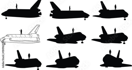 Space shuttle silhouettes set showing astronaut scale comparison landing and takeoff angles black vector illustration isolated white background design artwork