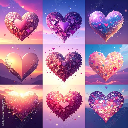 Nine heart-shaped images, made of tiny hearts, set against colorful sunsets