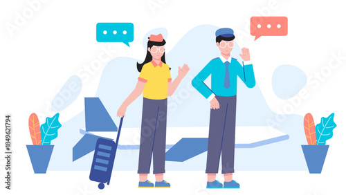 Flight Crew Preparing for Takeoff. Flat Vector Illustration