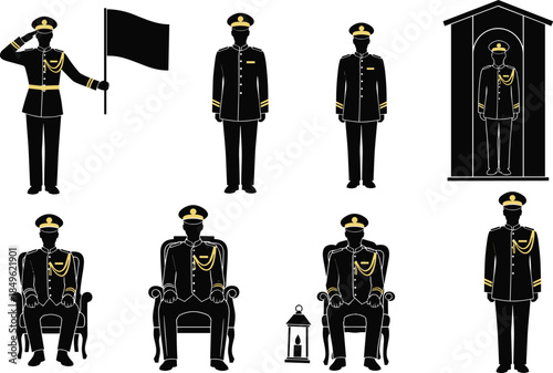 Royal guard silhouette vector set showing ceremonial uniformed officer standing saluting sitting isolated on white background illustration design concept collection