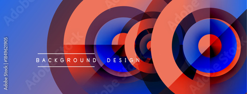 Abstract design features overlapping circles. Blue, red hues create dynamic visual effect. Modern background suitable for various projects.
