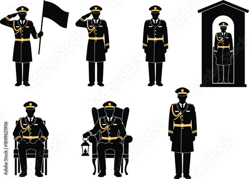 Royal guard silhouette vector collection featuring ceremonial officers saluting standing sitting isolated on white background monarchy security illustration design