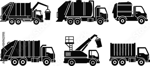 Garbage truck silhouette vector collection illustrating waste management recycling and sanitation service vehicles isolated on white background urban utility design