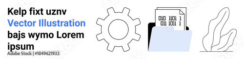 Information technology, data processing, digital storage, file organization, workflow management, programming. Gear icon, binary code document and folder. Data processing and digital storage