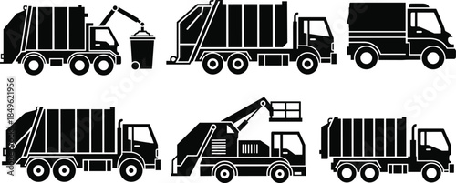 Garbage truck silhouette vector set showing waste collection recycling service vehicles isolated on white background municipal sanitation illustration design concept