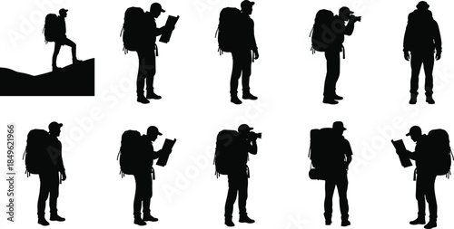 Backpacker silhouette vector set showing hikers travelers reading maps taking photos isolated on white background adventure outdoor concept illustration design