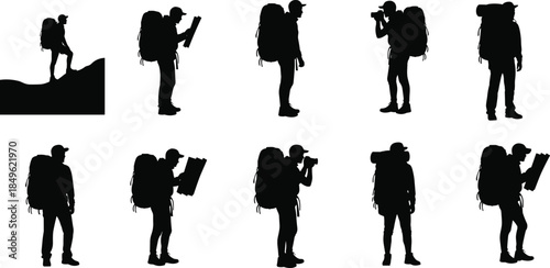 Backpacker silhouette vector collection featuring hikers travelers reading maps photographing landscapes isolated on white background outdoor adventure concept design illustration