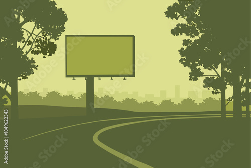 Eye-catching billboard advertising space along winding road with city skyline backdrop, perfect for marketing campaigns and outdoor promotions, ideal for designers