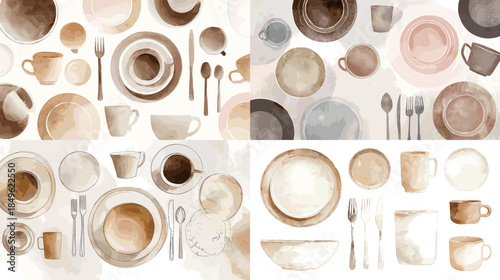 Watercolor tableware and dining set with plates cups bowls and cutlery in neutral tones perfect for kitchen decor food branding and elegant lifestyle illustration.