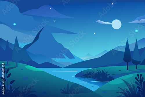 Minimalist night landscape with mountains river and distant moon vector illustration