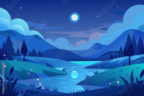 Peaceful night scene with river mountains moon and glowing flora landscape