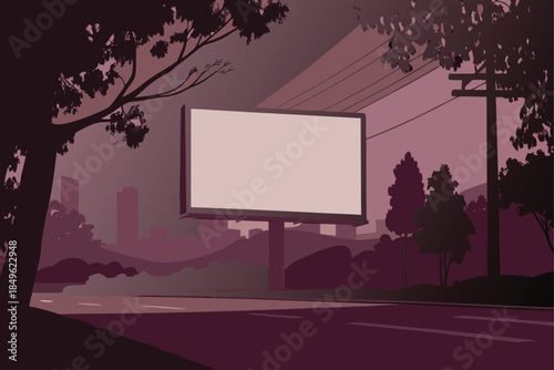 Engaging billboard on city outskirts offers prime advertising space for your creative campaign with road & cityscape in the background against the dark skies