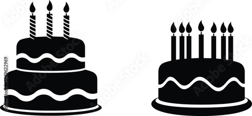 Minimalist black and white birthday cake comparison, two-tier cakes with three and seven candles, decorative wavy tiers, celebration, age symbol vector