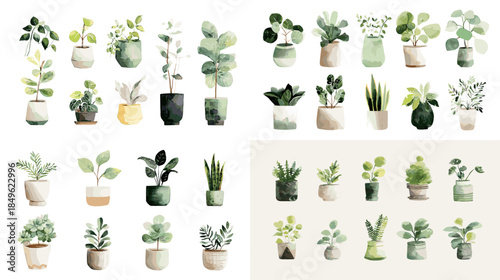 Watercolor houseplant assortment with lush green potted plants ideal for interior decor botanical themes nursery art and calming modern lifestyle design.