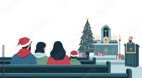 Family attending Christmas church service wearing Santa hats.