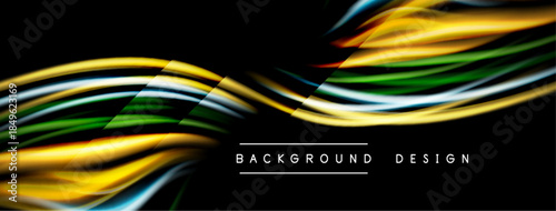 Abstract colorful waves over black background. Dynamic lines create modern design element. Bright hues suggest energy, movement.