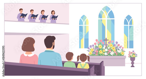 Family Attending Religious Service in Church.