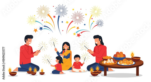 Family celebrating Diwali festival with fireworks and diyas.