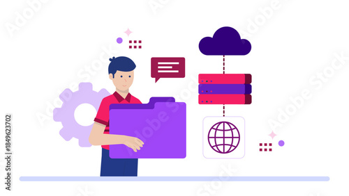 Cloud Engineer Migrating Company Data to Servers. Flat Vector Illustration