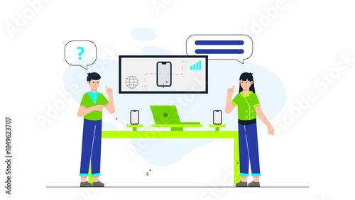 Product Demo at a Tech Trade Show Booth. Flat Vector Illustration