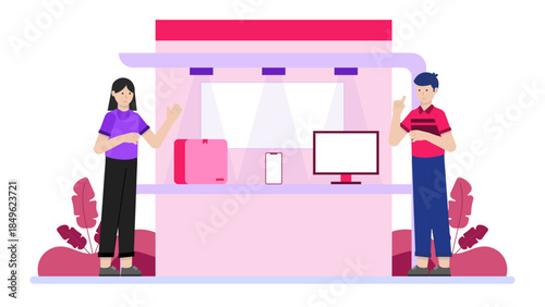 Product Demo at a Tech Trade Show Booth. Flat Vector Illustration