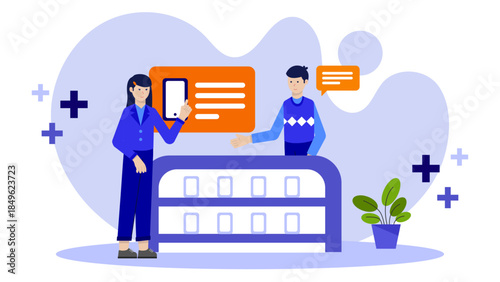 Product Demo at a Tech Trade Show Booth. Flat Vector Illustration