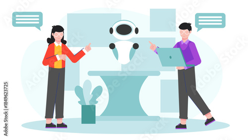 Product Demo at a Tech Trade Show Booth. Flat Vector Illustration