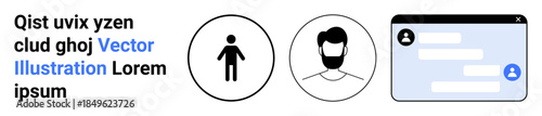 User interface design, online communication, profile identity, messaging system, social interaction, user-friendly concept. Visual elements include person icon, avatar and chat window. Online
