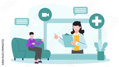 Telehealth Session for Mental Health Counseling. Flat Vector Illustration