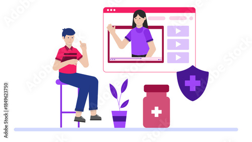 Telehealth Session for Mental Health Counseling. Flat Vector Illustration
