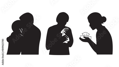 Silhouette of people with broken heart in emotional distress with stark black and white contrast for mental health awareness