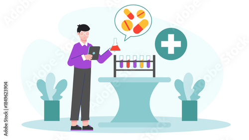 Pharmaceutical Lab Developing New Medication. Flat Vector Illustration