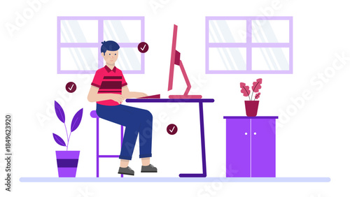 Office Ergonomics Assessment and Setup. Flat Vector Illustration